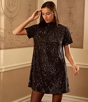 CeCe Sequin Tie-Back Mock Neck Short Sleeve A-Line Dress