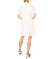 CeCe Split Round Neckline Short Puff Sleeve Babydoll Bow Dress