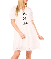 CeCe Split Round Neckline Short Puff Sleeve Babydoll Bow Dress