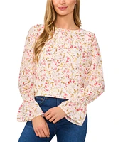 CeCe Textured Georgette Floral Round Neck Long Sleeve Smocked Cuff Blouse