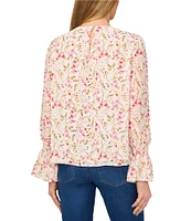 CeCe Textured Georgette Floral Round Neck Long Sleeve Smocked Cuff Blouse