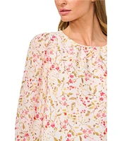 CeCe Textured Georgette Floral Round Neck Long Sleeve Smocked Cuff Blouse