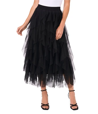 CeCe Tulle High Waisted A-Line Tiered Ruffle Flounce Midi Skirt