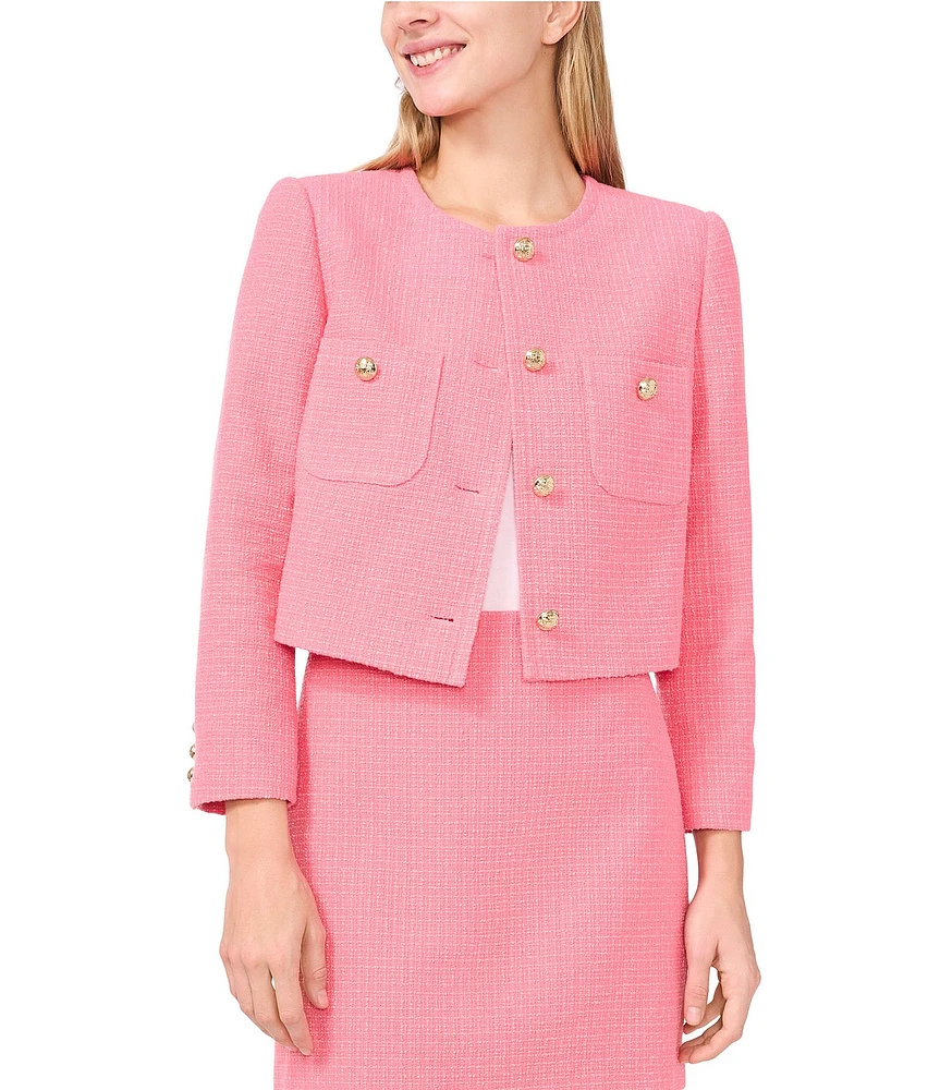 CeCe Tweed Crew Neck Long Sleeve Cropped Button Front Jacket