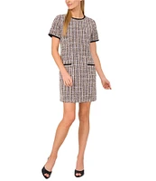 CeCe Tweed Crew Neck Short Sleeve Contrast Trim Shift Dress