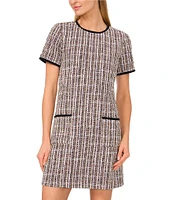 CeCe Tweed Crew Neck Short Sleeve Contrast Trim Shift Dress