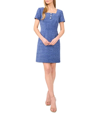CeCe Tweed Square Neck Short Sleeve Embellished A-Line Dress