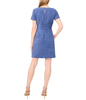 CeCe Tweed Square Neck Short Sleeve Embellished A-Line Dress