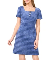 CeCe Tweed Square Neck Short Sleeve Embellished A-Line Dress