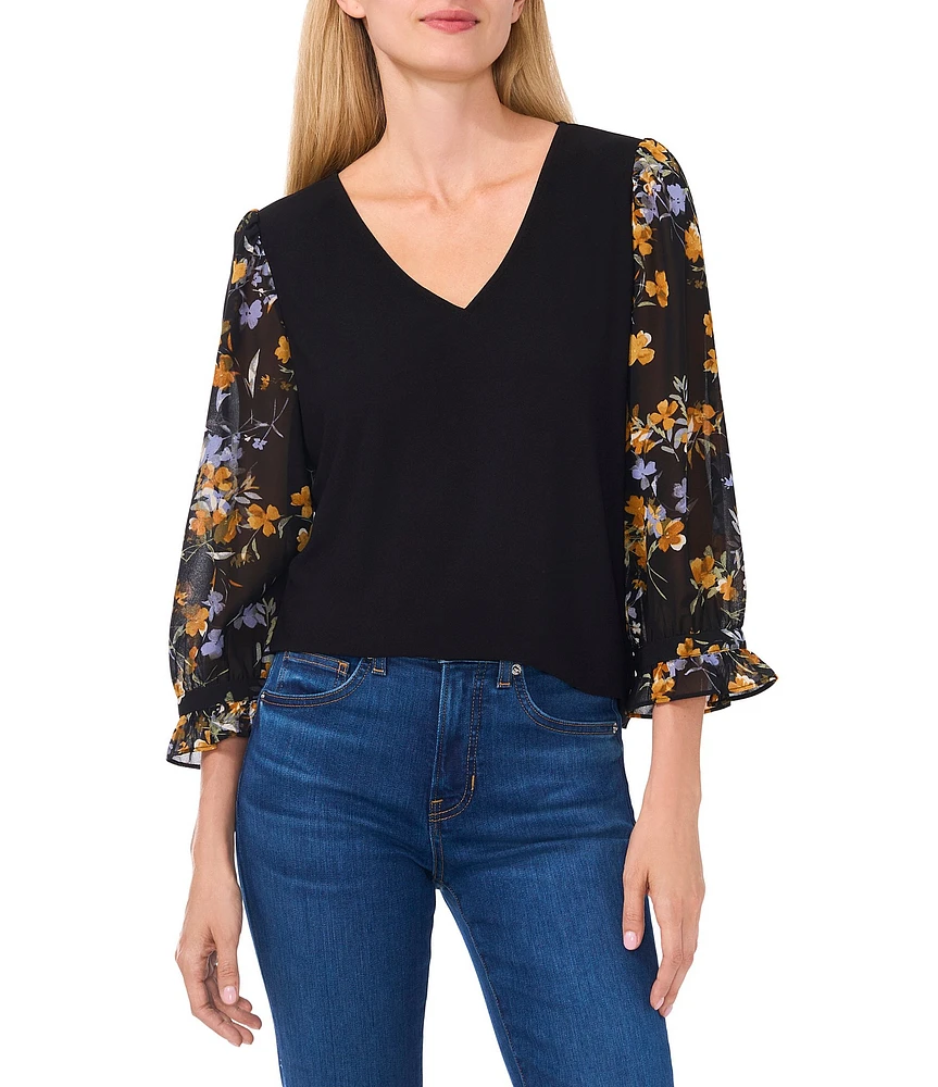 CeCe V-Neck 3/4 Floral Sleeve Blouse