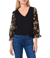 CeCe V-Neck 3/4 Floral Sleeve Blouse