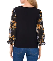 CeCe V-Neck 3/4 Floral Sleeve Blouse