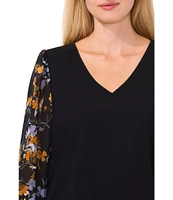 CeCe V-Neck 3/4 Floral Sleeve Blouse