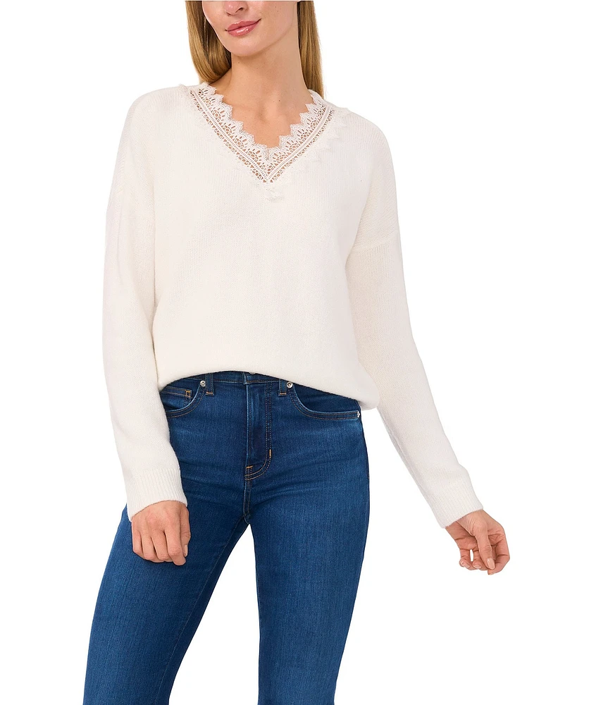 CeCe V-Neck Lace Trim Long Sleeve Sweater