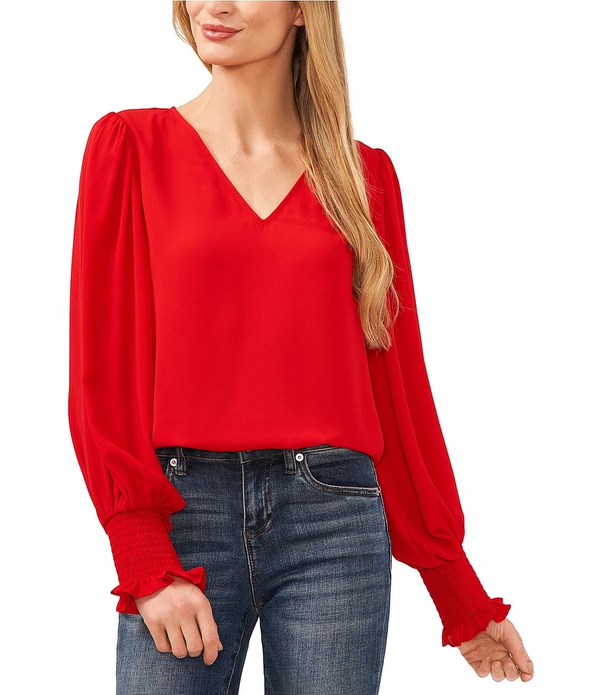 CeCe V-Neck Long Peasant Sleeve Smocked Cuff Heavy Georgette Blouse
