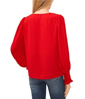 CeCe V-Neck Long Peasant Sleeve Smocked Cuff Heavy Georgette Blouse