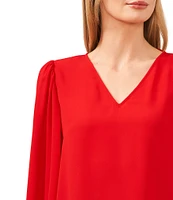 CeCe V-Neck Long Peasant Sleeve Smocked Cuff Heavy Georgette Blouse