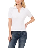 CeCe V-Neck Point Collar Short Sleeve Ribbed Blouse