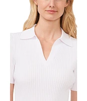 CeCe V-Neck Point Collar Short Sleeve Ribbed Blouse