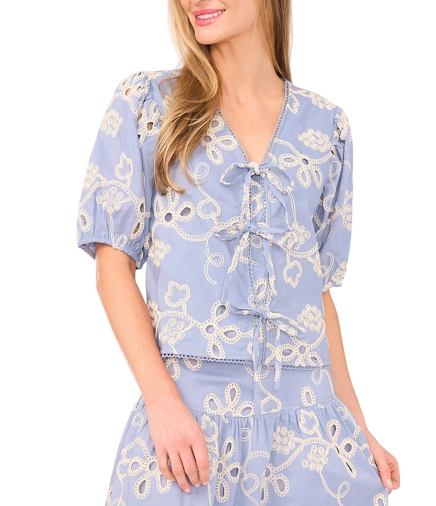CeCe V-Neck Short Puff Sleeve Embroidered Tie Front Top