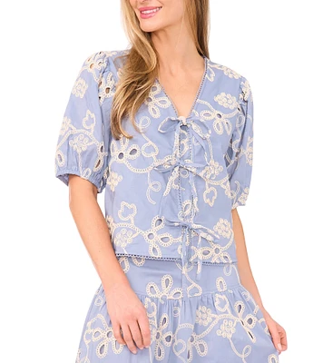 CeCe V-Neck Short Puff Sleeve Embroidered Tie Front Top