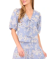 CeCe V-Neck Short Puff Sleeve Embroidered Tie Front Top