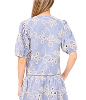 CeCe V-Neck Short Puff Sleeve Embroidered Tie Front Top