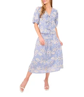 CeCe V-Neck Short Puff Sleeve Embroidered Tie Front Top
