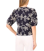 CeCe V-Neck Short Puff Sleeve Embroidered Tie Front Top