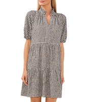 CeCe V-Neck Short Puff Sleeve Tiered Gingham Babydoll Dress