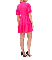 CeCe Ruffle Mock V-Neck Short Puffed Sleeve Tiered Mini Dress