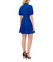 CeCe Ruffle Mock V-Neck Short Puffed Sleeve Tiered Mini Dress