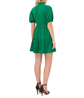 CeCe Ruffle Mock V-Neck Short Puffed Sleeve Tiered Mini Dress