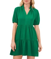 CeCe Ruffle Mock V-Neck Short Puffed Sleeve Tiered Mini Dress