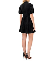 CeCe Ruffle Mock V-Neck Short Puffed Sleeve Tiered Mini Dress