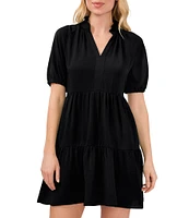 CeCe Ruffle Mock V-Neck Short Puffed Sleeve Tiered Mini Dress