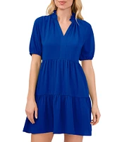 CeCe Ruffle Mock V-Neck Short Puffed Sleeve Tiered Mini Dress