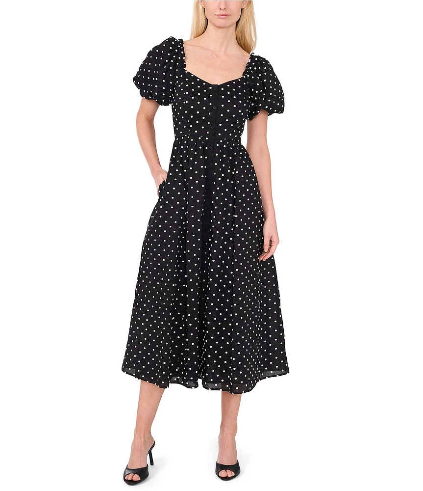 CeCe V Neck Short Puffed Sleeve Polka Dot Midi Dress