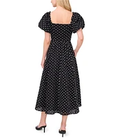 CeCe V Neck Short Puffed Sleeve Polka Dot Midi Dress