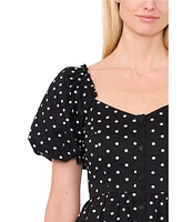 CeCe V Neck Short Puffed Sleeve Polka Dot Midi Dress