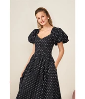 CeCe V Neck Short Puffed Sleeve Polka Dot Midi Dress