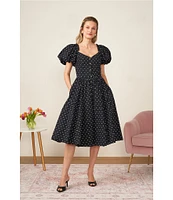 CeCe V Neck Short Puffed Sleeve Polka Dot Midi Dress