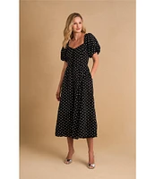 CeCe V Neck Short Puffed Sleeve Polka Dot Midi Dress