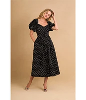 CeCe V Neck Short Puffed Sleeve Polka Dot Midi Dress