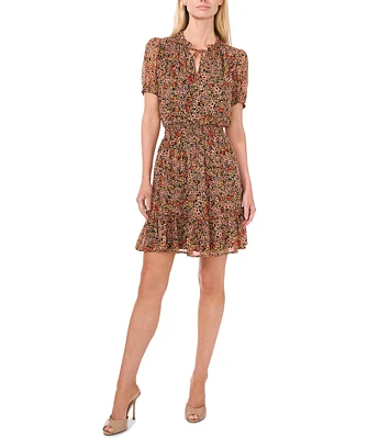 CeCe V-Neck Short Sleeve Floral Print Tie Front A-Line Dress