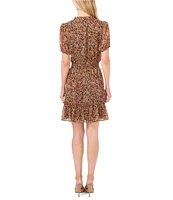 CeCe V-Neck Short Sleeve Floral Print Tie Front A-Line Dress
