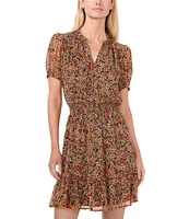 CeCe V-Neck Short Sleeve Floral Print Tie Front A-Line Dress