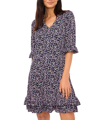 CeCe V Neckline Elbow Sleeve Floral Print Ruffle Hem Shift Dress