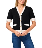 CeCe Wool Blend Jersey Knit Contrast Trim V-Neck Short Sleeve Button Front Cardigan