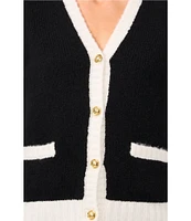 CeCe Wool Blend Jersey Knit Contrast Trim V-Neck Short Sleeve Button Front Cardigan